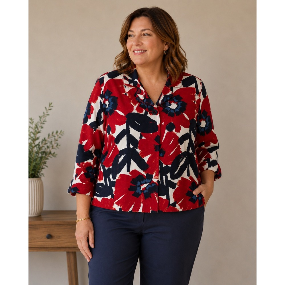 Ruby Rd Floral Button Front Jacket Womens‎ 18 Red Navy Cotton Bold Poppy Print